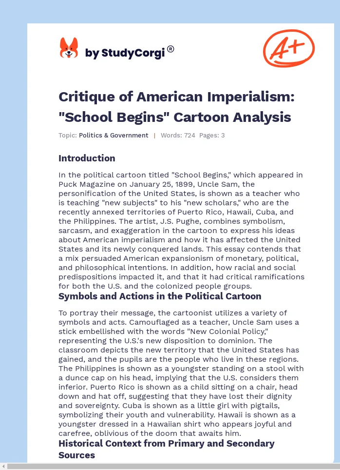 Critique of American Imperialism: "School Begins" Cartoon Analysis. Page 1
