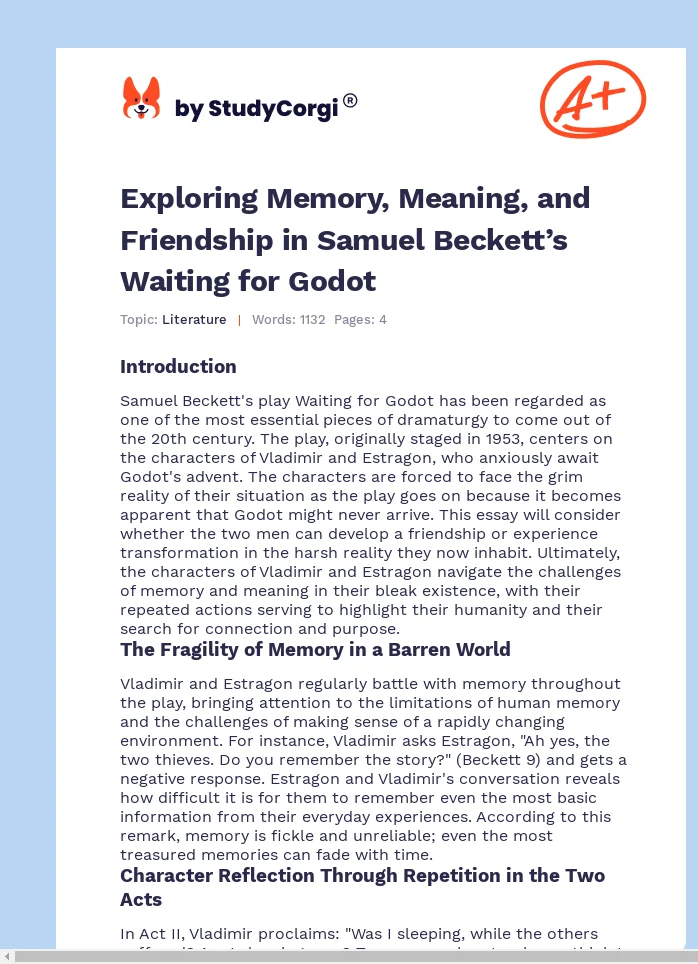 Exploring Memory, Meaning, and Friendship in Samuel Beckett’s Waiting for Godot. Page 1