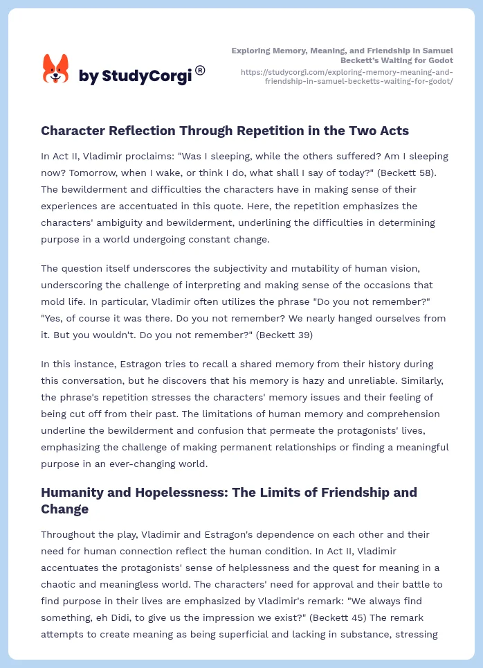 Exploring Memory, Meaning, and Friendship in Samuel Beckett’s Waiting for Godot. Page 2