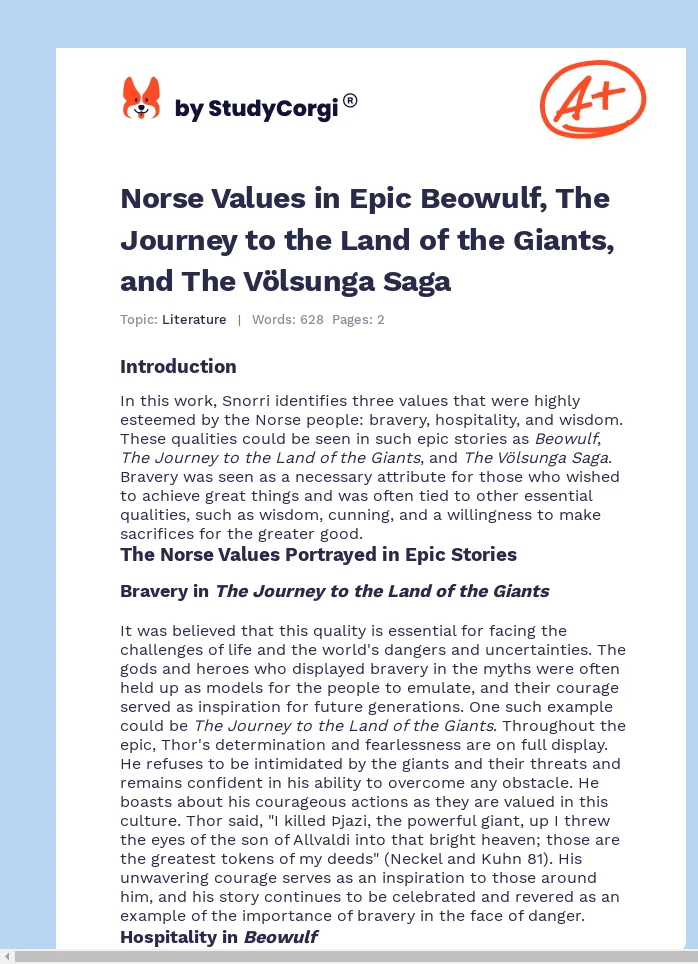 Norse Values in Epic Beowulf, The Journey to the Land of the Giants, and The Völsunga Saga. Page 1