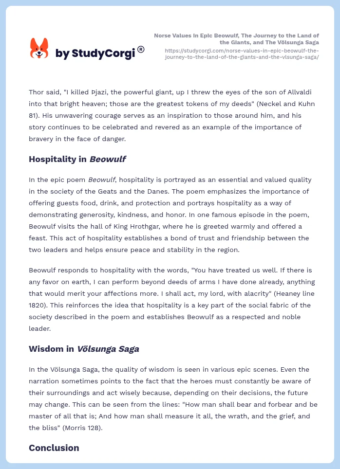 Norse Values in Epic Beowulf, The Journey to the Land of the Giants, and The Völsunga Saga. Page 2