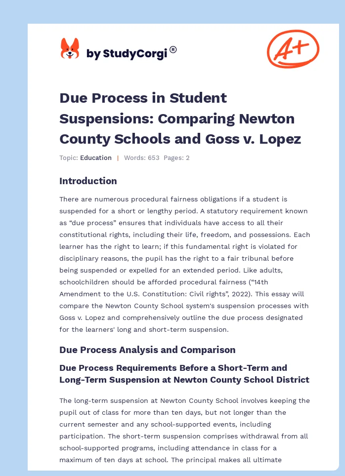 Due Process in Student Suspensions: Comparing Newton County Schools and Goss v. Lopez. Page 1