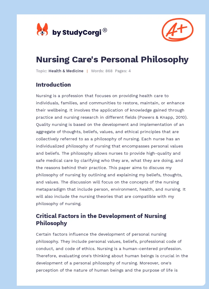 Nursing Care's Personal Philosophy. Page 1