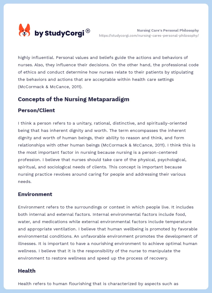 Nursing Care's Personal Philosophy. Page 2