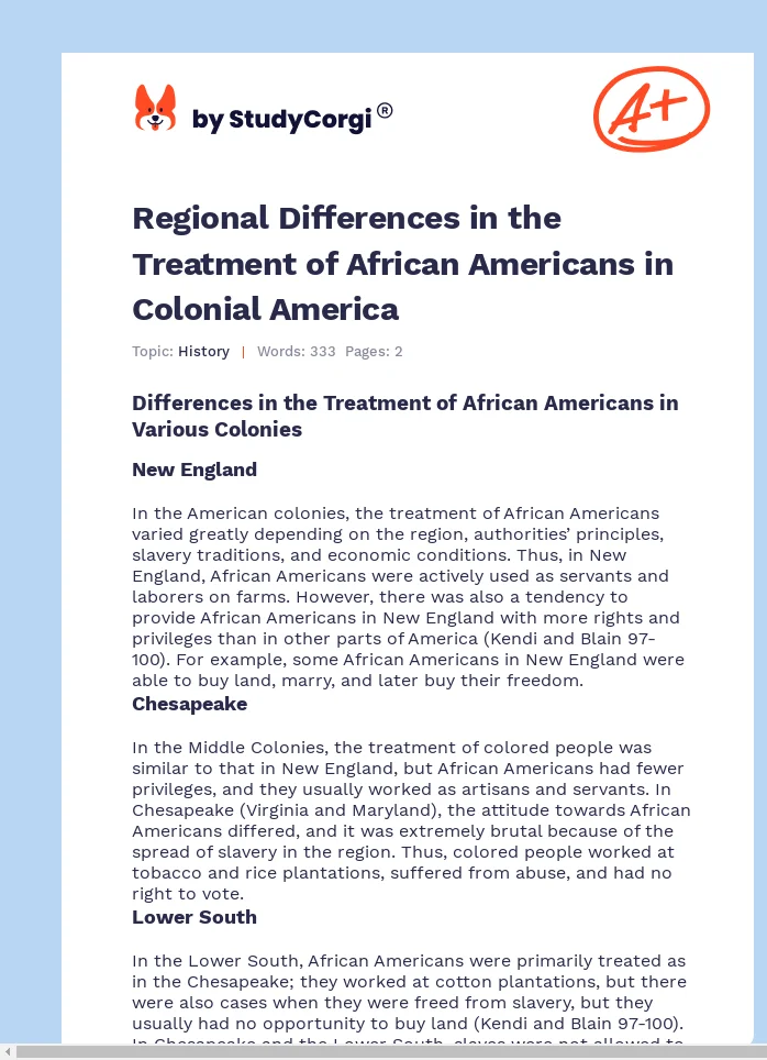 Regional Differences in the Treatment of African Americans in Colonial America. Page 1