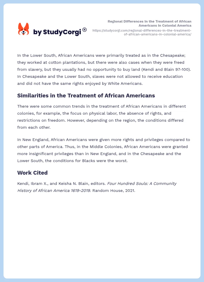 Regional Differences in the Treatment of African Americans in Colonial America. Page 2