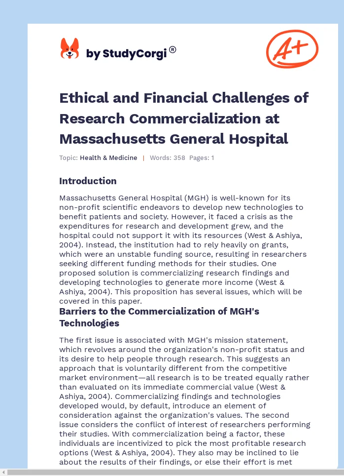 Ethical and Financial Challenges of Research Commercialization at Massachusetts General Hospital. Page 1