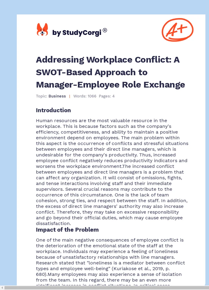 Addressing Workplace Conflict: A SWOT-Based Approach to Manager-Employee Role Exchange. Page 1