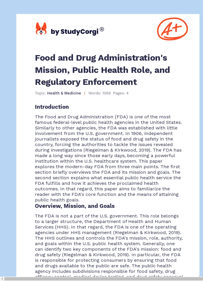 Food and Drug Administration's Mission, Public Health Role, and Regulatory Enforcement. Page 1