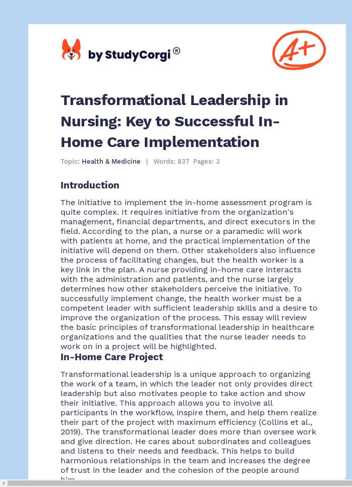Transformational Leadership in Nursing: Key to Successful In-Home Care Implementation. Page 1