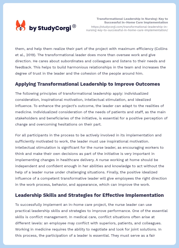 Transformational Leadership in Nursing: Key to Successful In-Home Care Implementation. Page 2