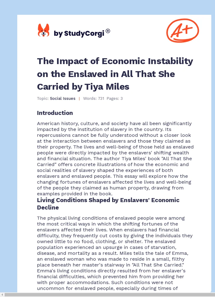 The Impact of Economic Instability on the Enslaved in All That She Carried by Tiya Miles. Page 1