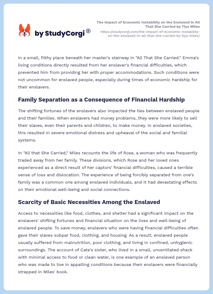 The Impact of Economic Instability on the Enslaved in All That She Carried by Tiya Miles. Page 2
