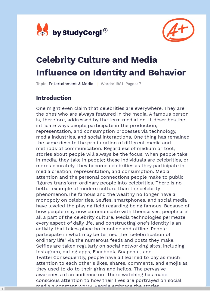 Celebrity Culture and Media Influence on Identity and Behavior. Page 1