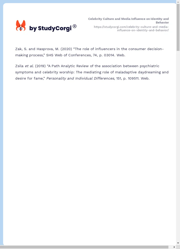 Celebrity Culture and Media Influence on Identity and Behavior. Page 2