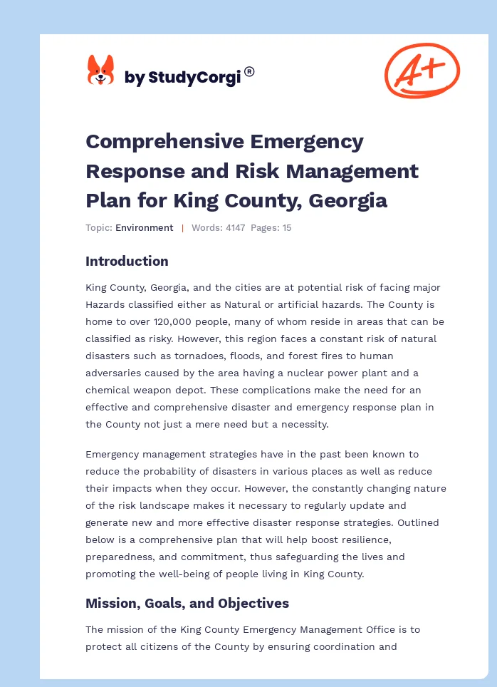 Comprehensive Emergency Response and Risk Management Plan for King County, Georgia. Page 1