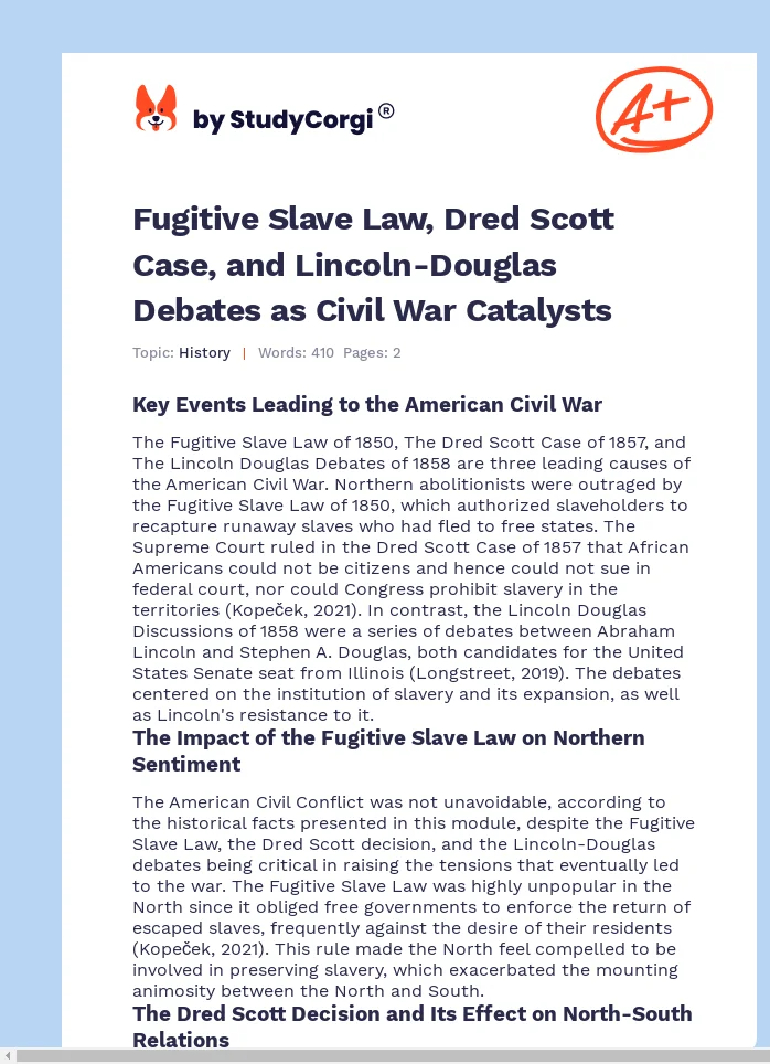 Fugitive Slave Law, Dred Scott Case, and Lincoln-Douglas Debates as Civil War Catalysts. Page 1