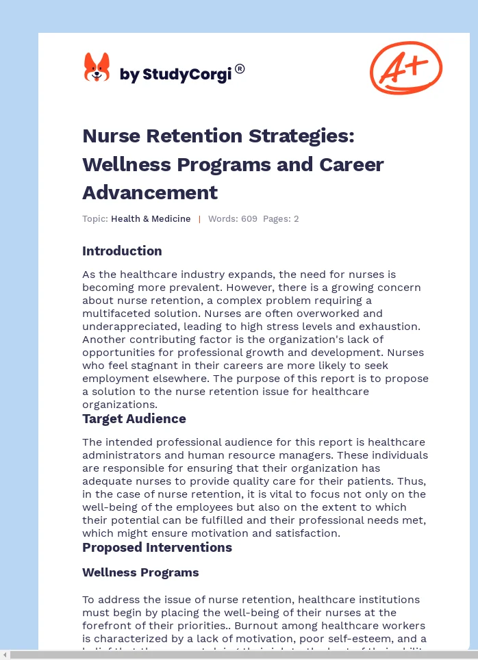 Nurse Retention Strategies: Wellness Programs and Career Advancement. Page 1