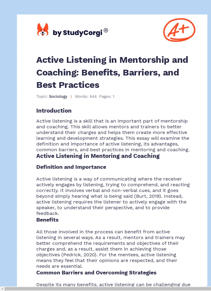 Active Listening in Mentorship and Coaching: Benefits, Barriers, and Best Practices. Page 1