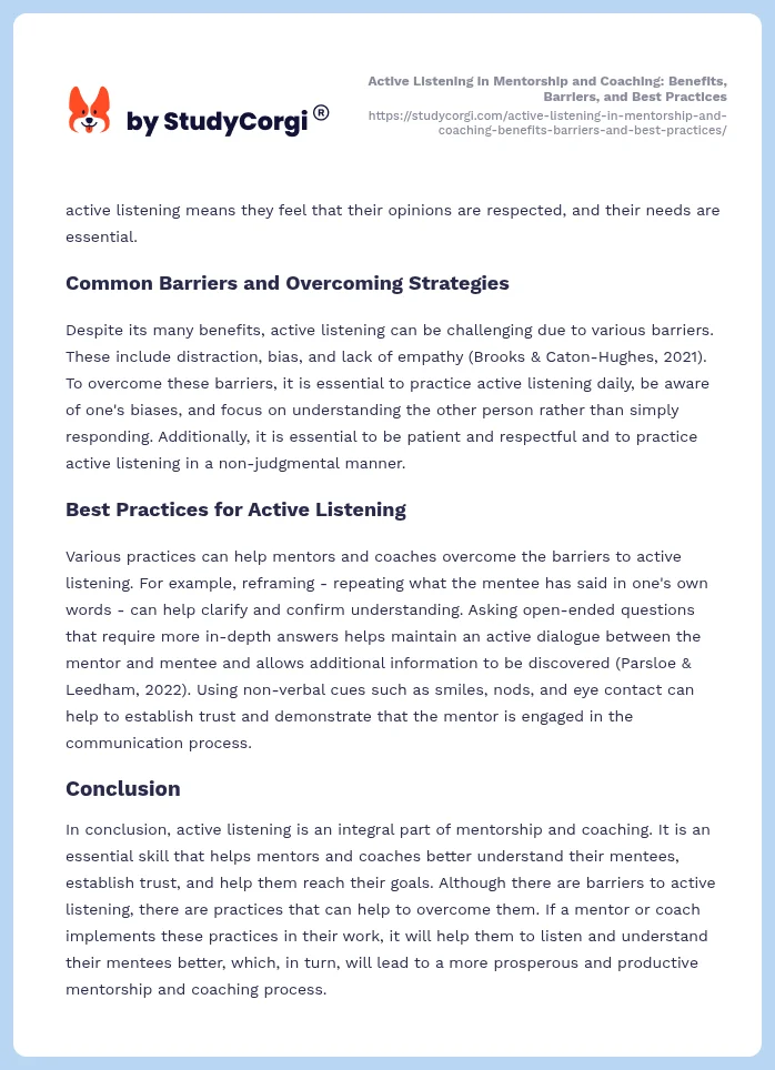 Active Listening in Mentorship and Coaching: Benefits, Barriers, and Best Practices. Page 2