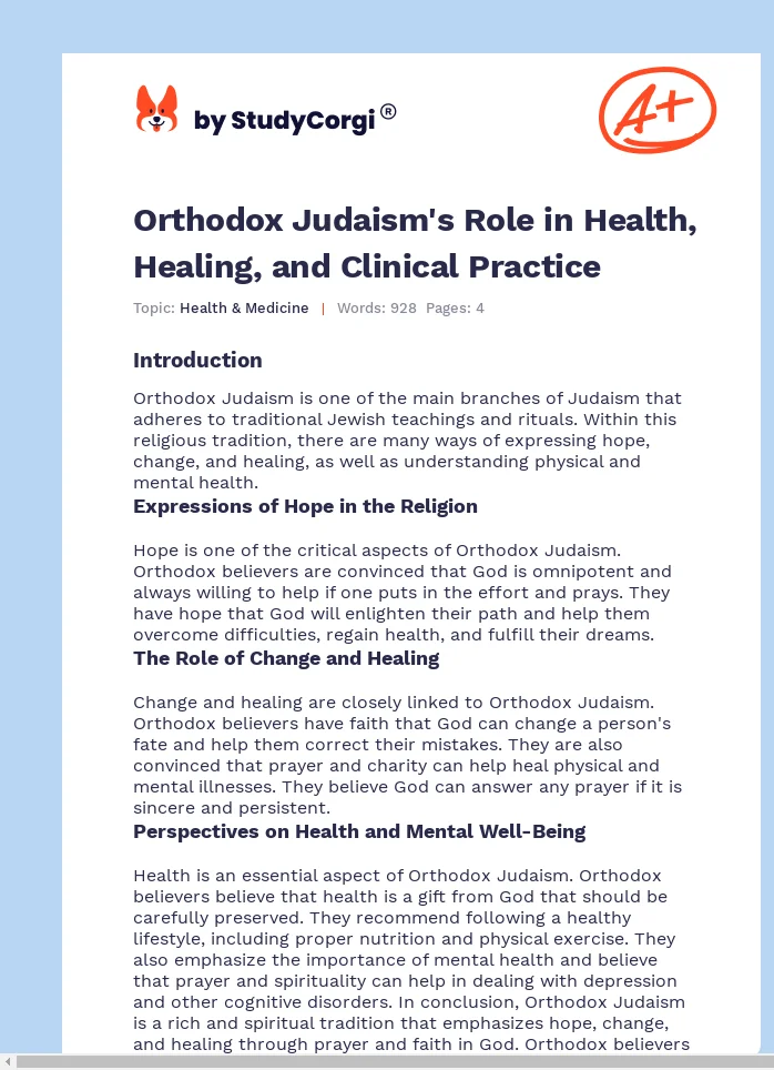 Orthodox Judaism's Role in Health, Healing, and Clinical Practice. Page 1