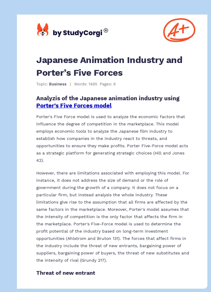 Japanese Animation Industry and Porter’s Five Forces. Page 1