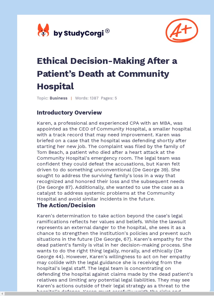 Ethical Decision-Making After a Patient’s Death at Community Hospital. Page 1