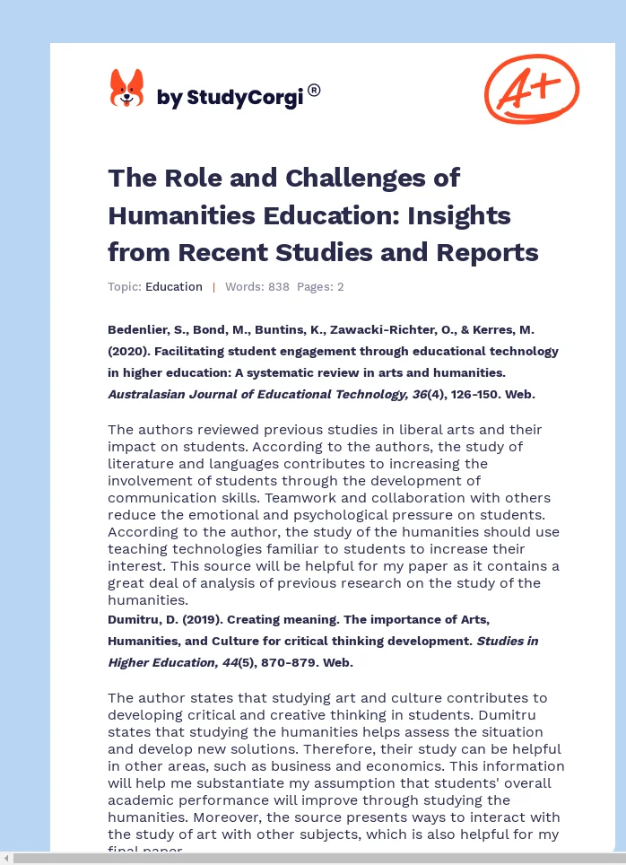 The Role and Challenges of Humanities Education: Insights from Recent Studies and Reports. Page 1