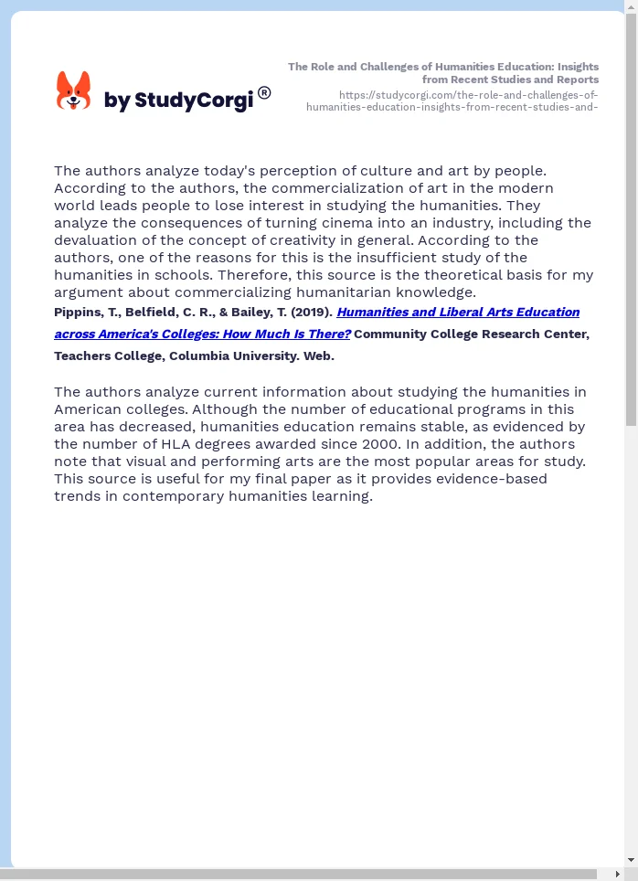 The Role and Challenges of Humanities Education: Insights from Recent Studies and Reports. Page 2