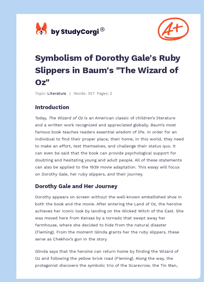 Symbolism of Dorothy Gale's Ruby Slippers in Baum's "The Wizard of Oz". Page 1