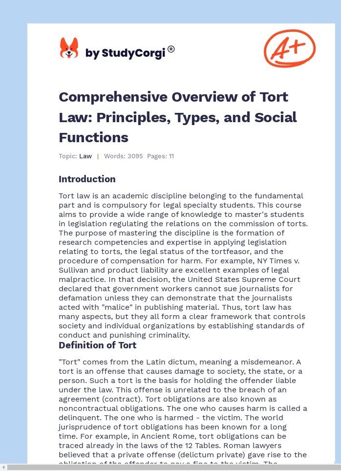 Comprehensive Overview of Tort Law: Principles, Types, and Social Functions. Page 1