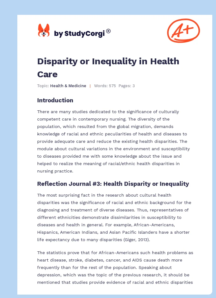 Disparity or Inequality in Health Care. Page 1