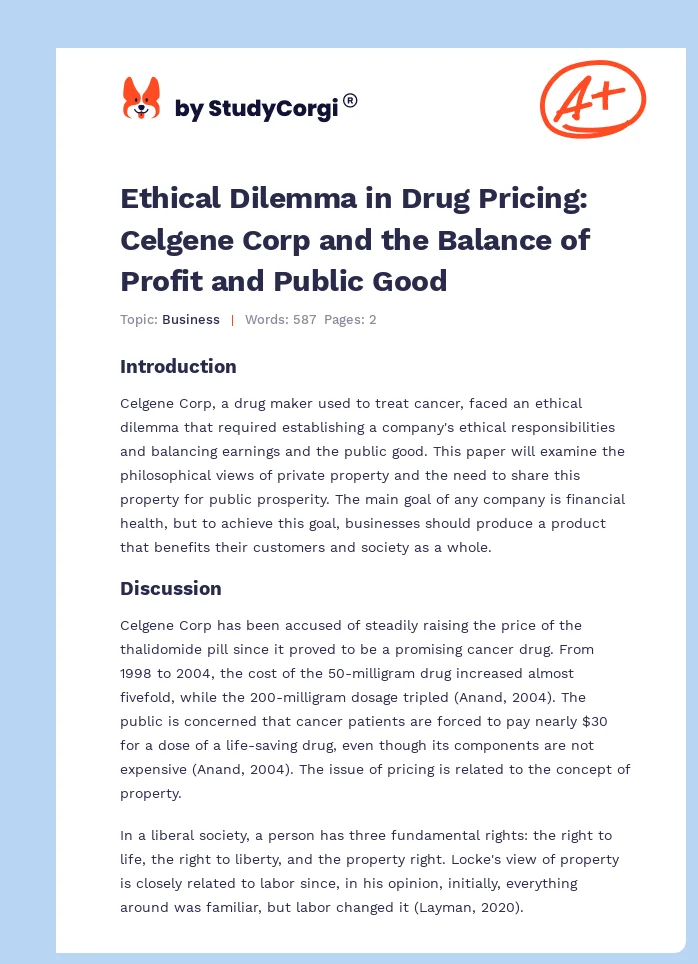 Ethical Dilemma in Drug Pricing: Celgene Corp and the Balance of Profit and Public Good. Page 1