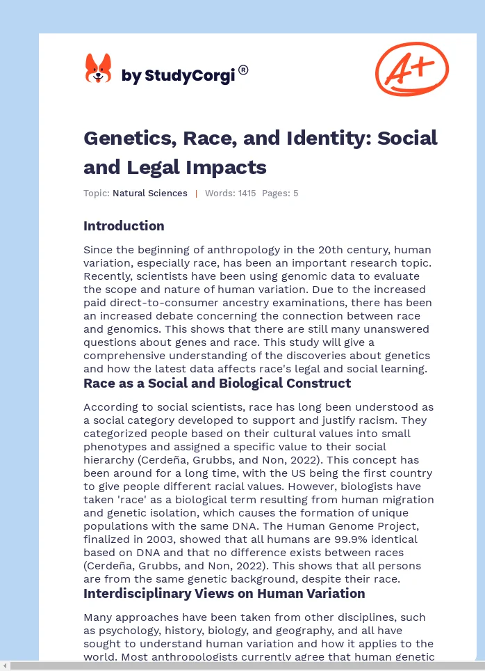 Genetics, Race, and Identity: Social and Legal Impacts. Page 1
