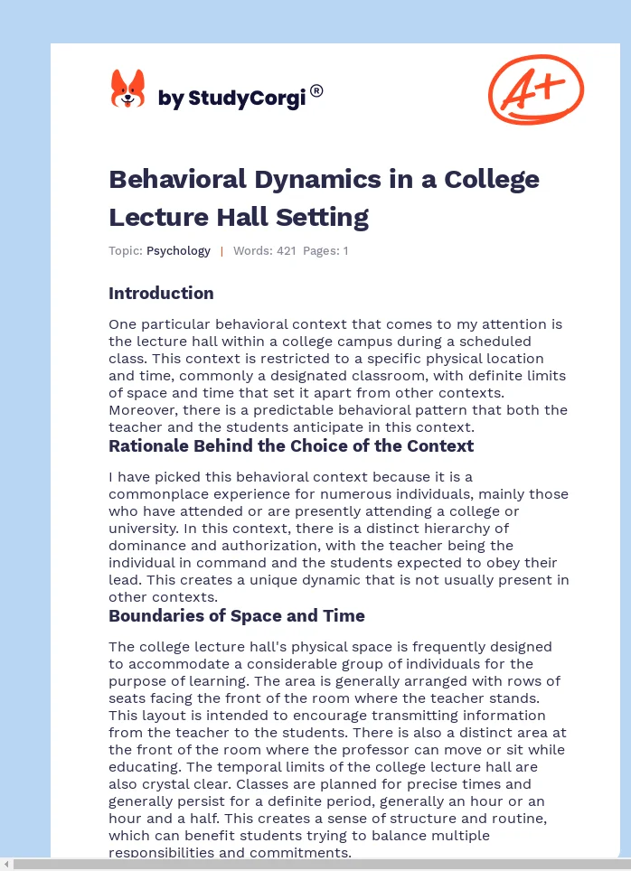 Behavioral Dynamics in a College Lecture Hall Setting. Page 1