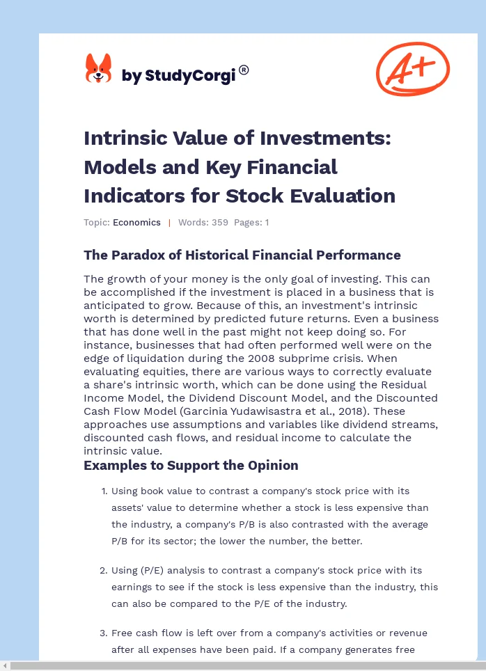 Intrinsic Value of Investments: Models and Key Financial Indicators for Stock Evaluation. Page 1
