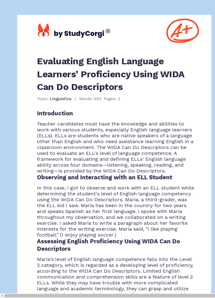 Evaluating English Language Learners’ Proficiency Using WIDA Can Do Descriptors. Page 1