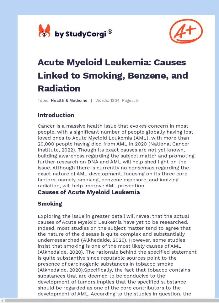 Acute Myeloid Leukemia: Causes Linked to Smoking, Benzene, and Radiation. Page 1