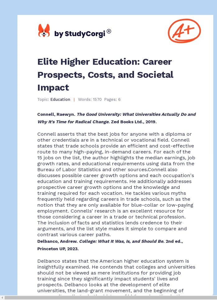 Elite Higher Education: Career Prospects, Costs, and Societal Impact. Page 1