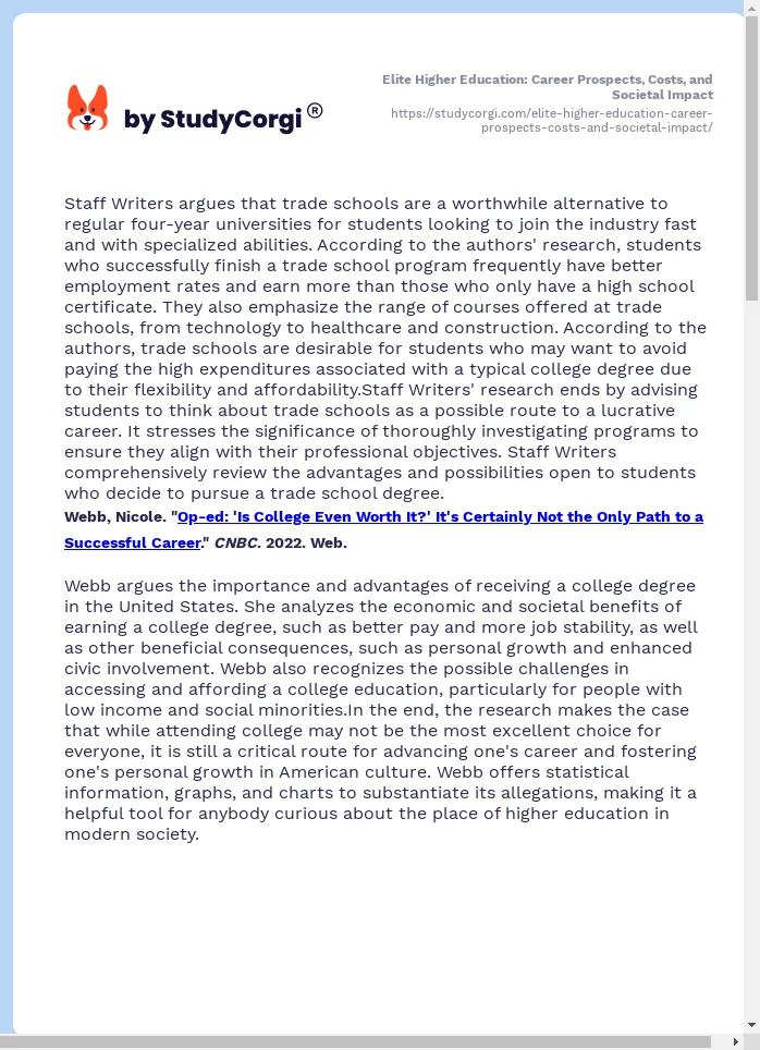 Elite Higher Education: Career Prospects, Costs, and Societal Impact. Page 2
