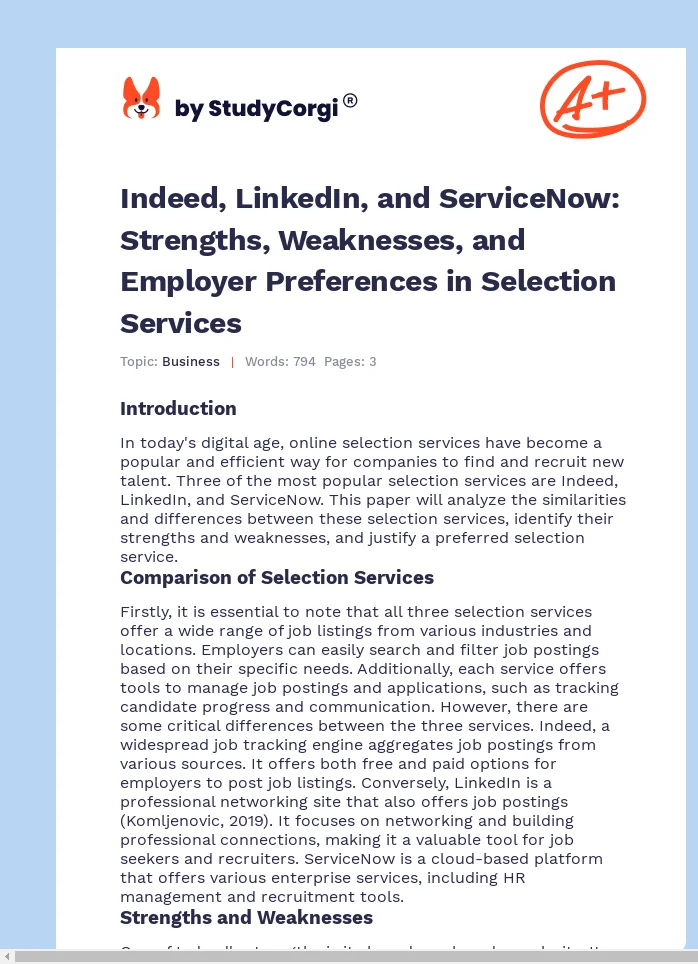 Indeed, LinkedIn, and ServiceNow: Strengths, Weaknesses, and Employer Preferences in Selection Services. Page 1