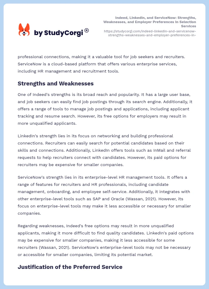 Indeed, LinkedIn, and ServiceNow: Strengths, Weaknesses, and Employer Preferences in Selection Services. Page 2