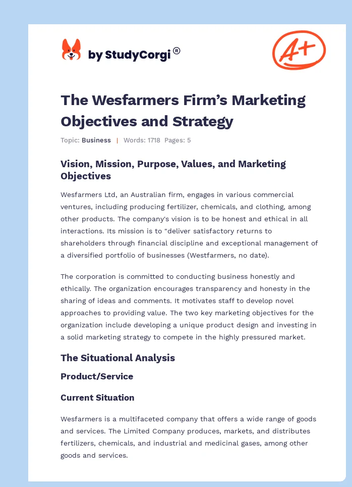 The Wesfarmers Firm’s Marketing Objectives and Strategy. Page 1