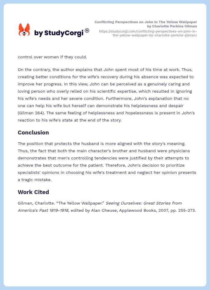 Conflicting Perspectives on John in The Yellow Wallpaper by Charlotte Perkins Gilman. Page 2