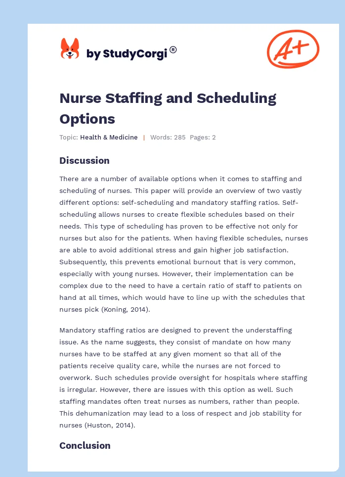 Nurse Staffing and Scheduling Options. Page 1