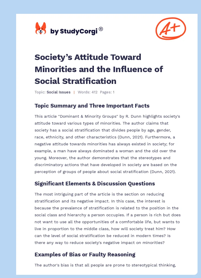 Society’s Attitude Toward Minorities and the Influence of Social Stratification. Page 1
