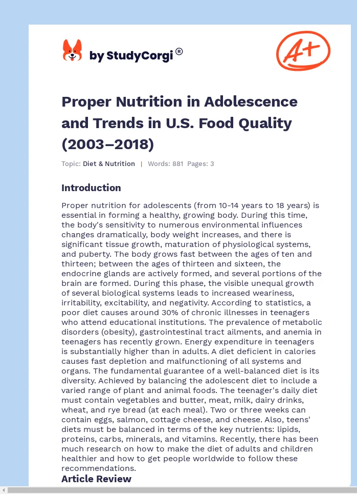 Proper Nutrition in Adolescence and Trends in U.S. Food Quality (2003–2018). Page 1