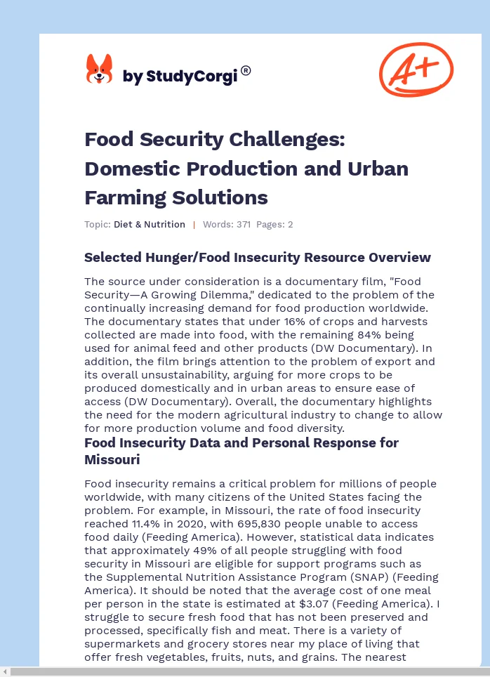 Food Security Challenges: Domestic Production and Urban Farming Solutions. Page 1