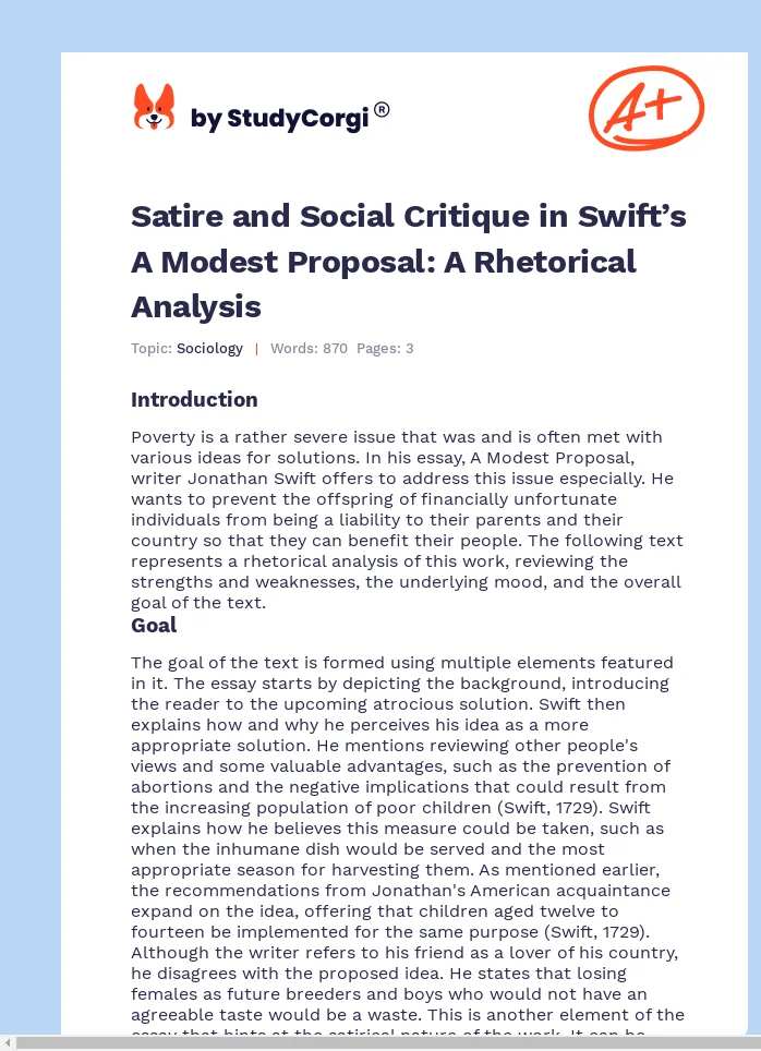 Satire and Social Critique in Swift’s A Modest Proposal: A Rhetorical Analysis. Page 1