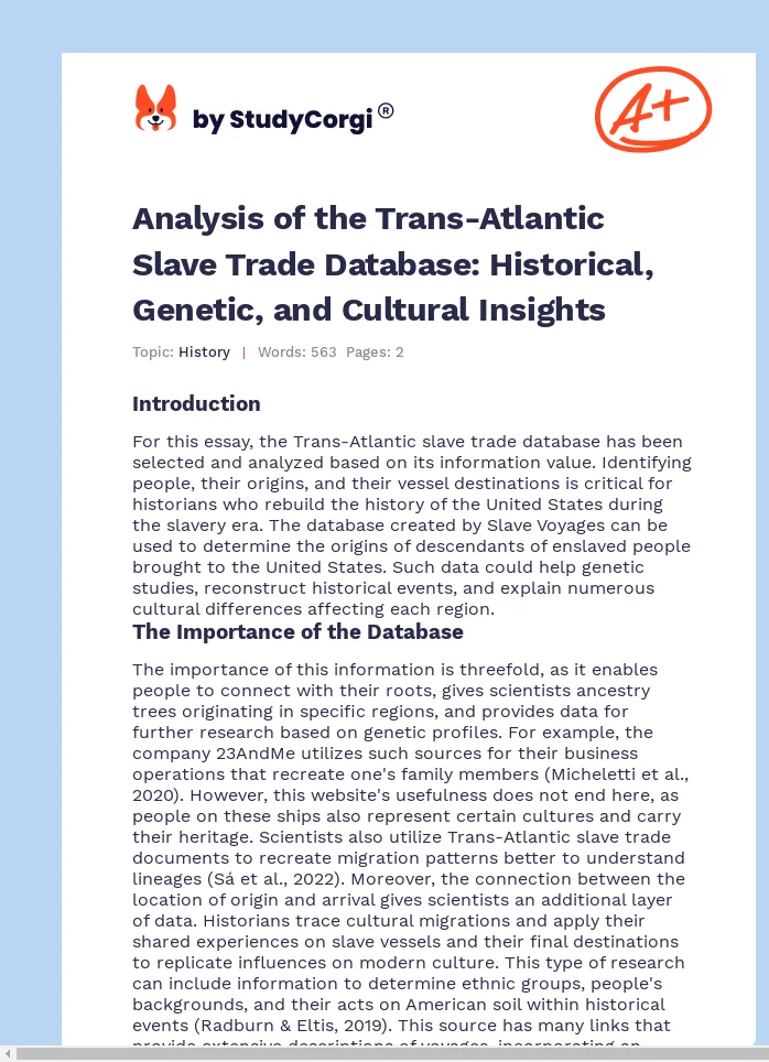 Analysis of the Trans-Atlantic Slave Trade Database: Historical, Genetic, and Cultural Insights. Page 1